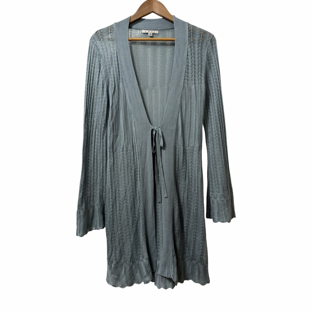 CABI Crochet Open Knit Long Duster Cardigan Size M Blue Bell Sleeve Festival Y2K